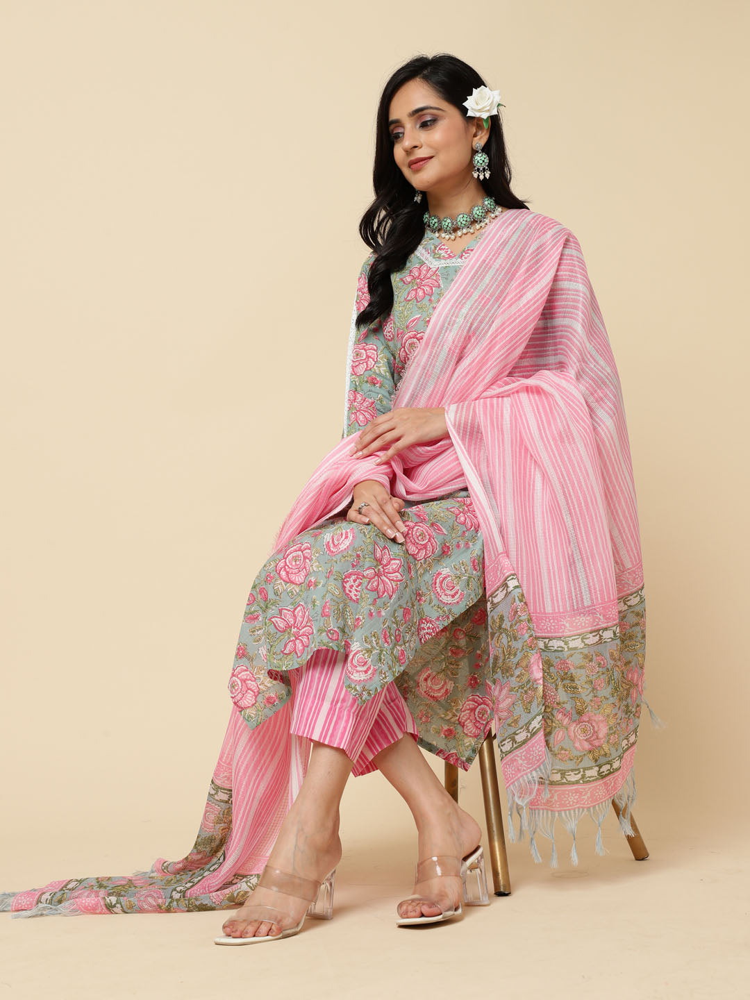 Floral Printed Cotton Kurta With Pants &amp; Dupatta