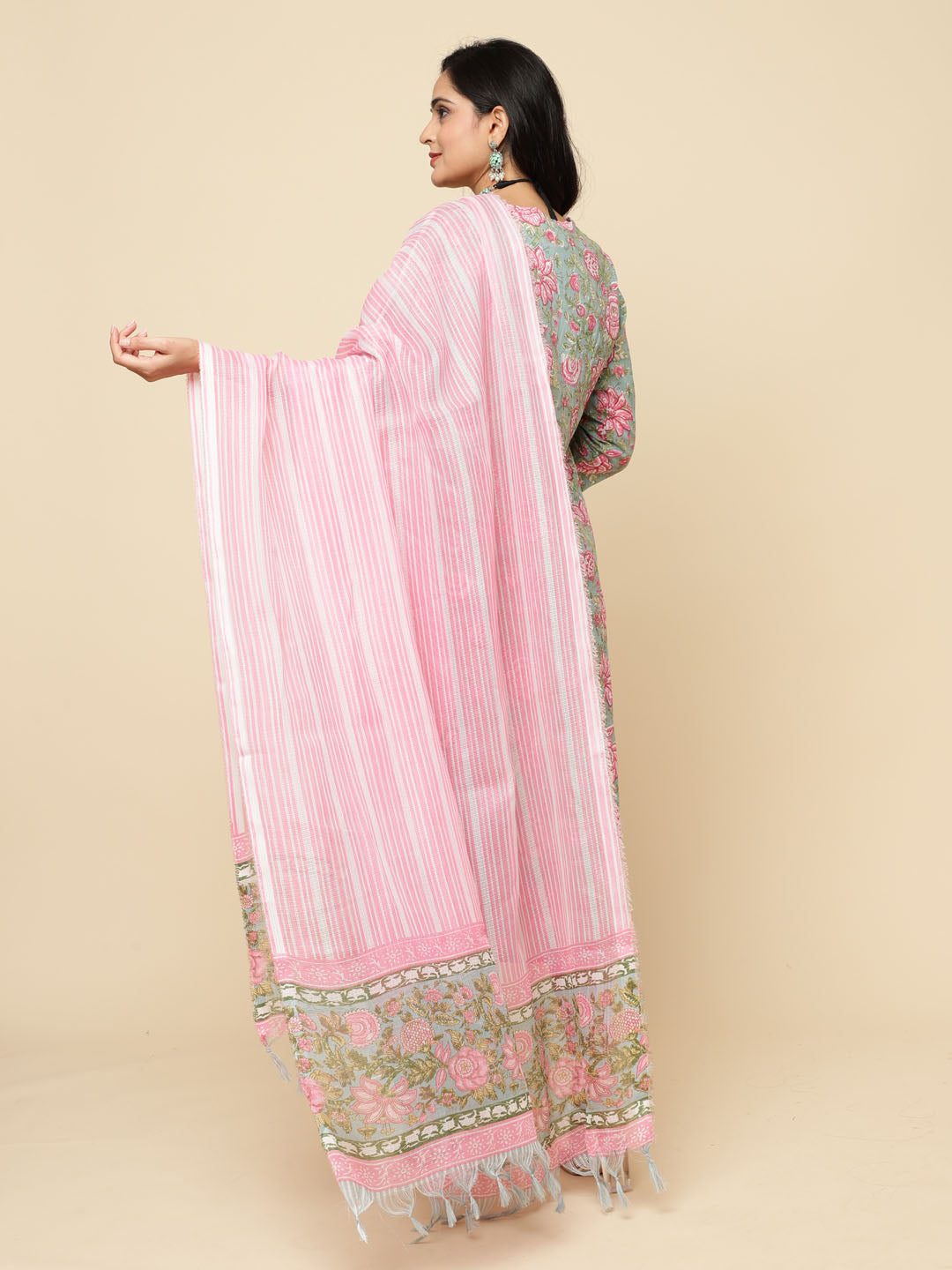 Floral Printed Cotton Kurta With Pants &amp; Dupatta