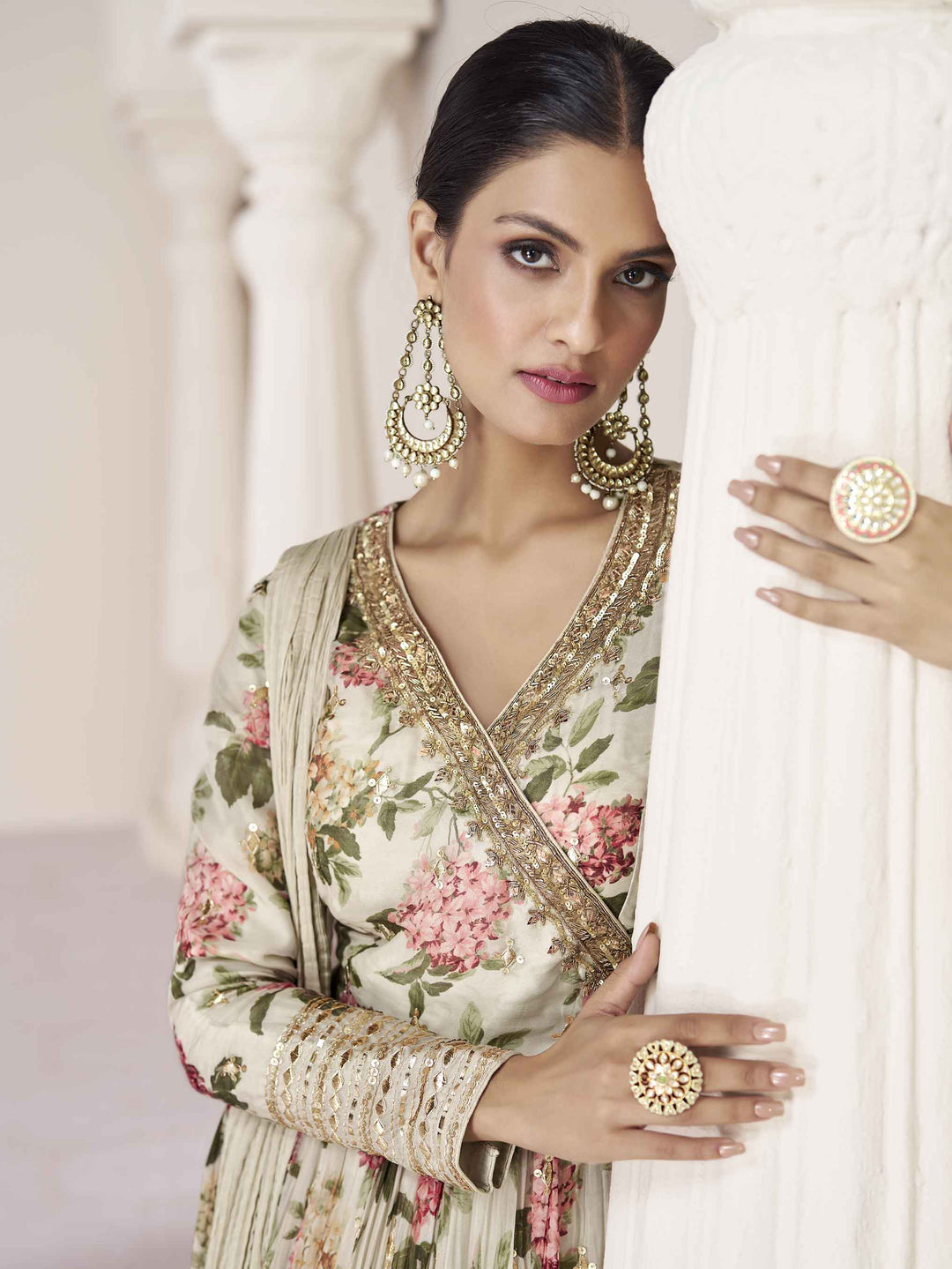 Floral Printed Organza Suit Set With Dupatta &amp; Churidar
