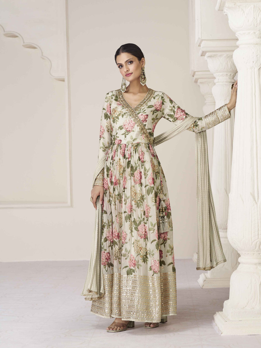 Floral Printed Organza Suit Set With Dupatta &amp; Churidar