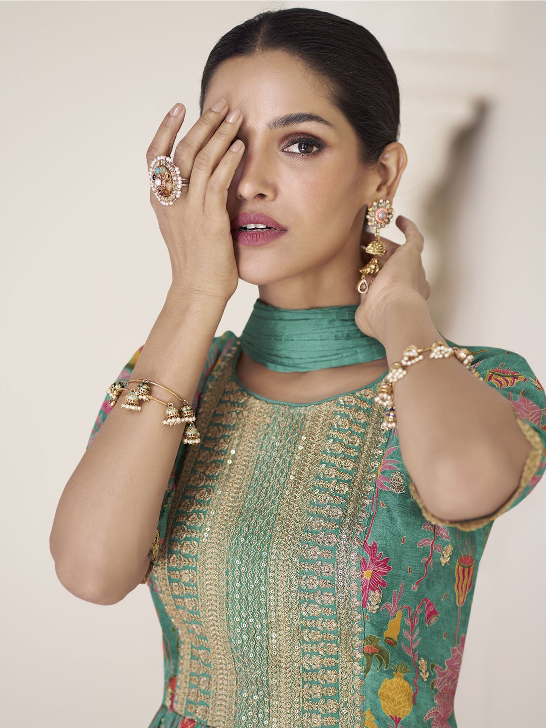 Floral Printed Organza Suit Set With Dupatta &amp; Churidar