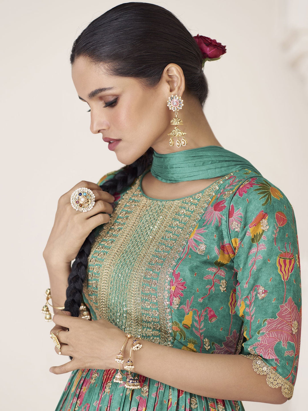 Floral Printed Organza Suit Set With Dupatta &amp; Churidar