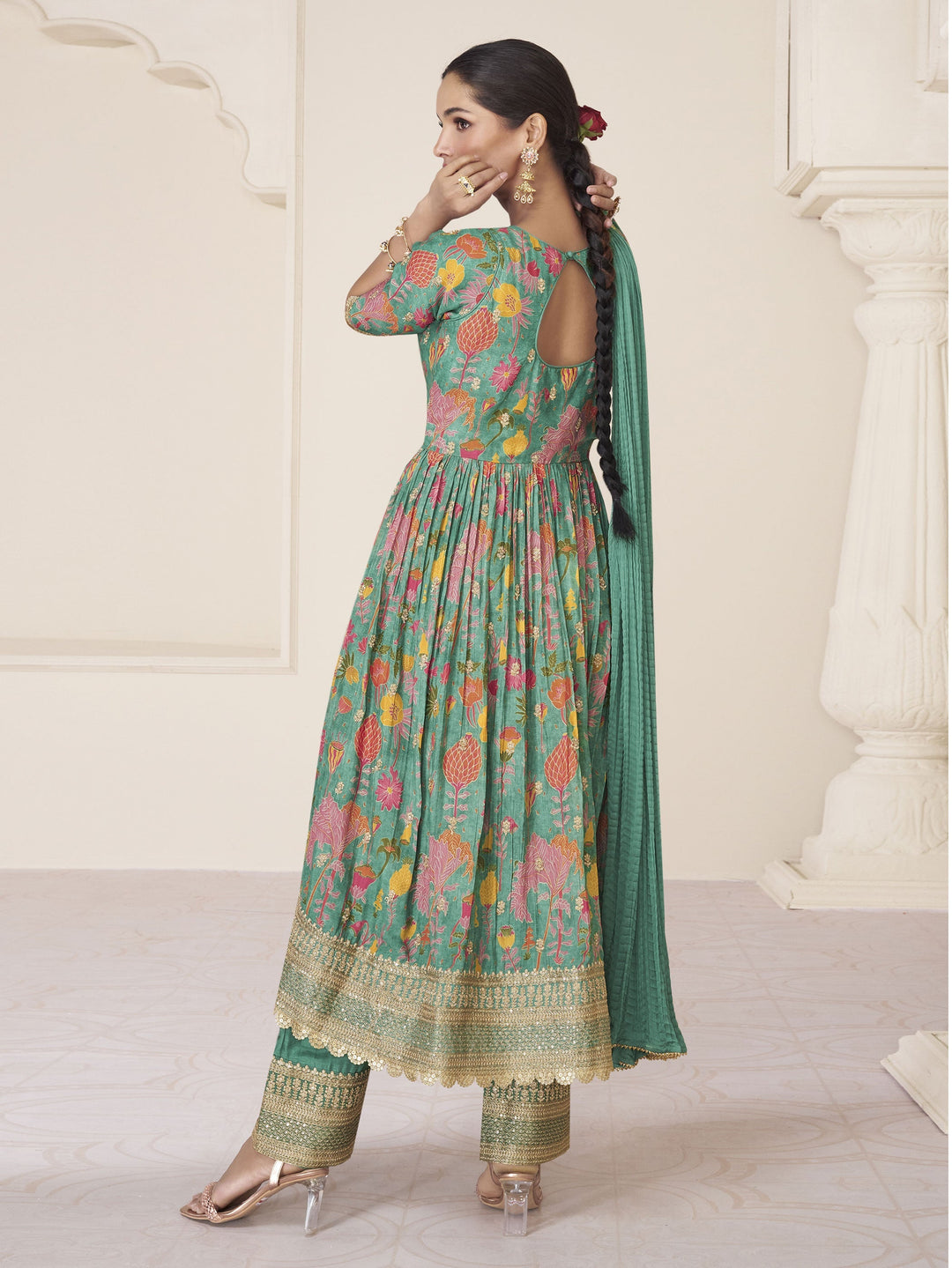 Floral Printed Organza Suit Set With Dupatta &amp; Churidar