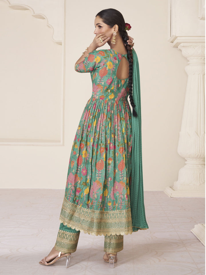 Floral Printed Organza Suit Set With Dupatta &amp; Churidar