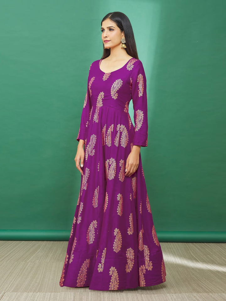 Paisley Printed Rayon Anarkali Kurta With Pants &amp; Dupatta