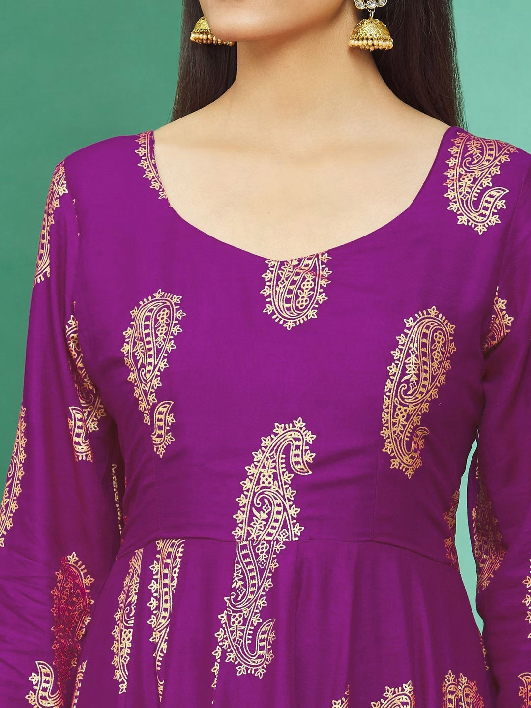 Paisley Printed Rayon Anarkali Kurta With Pants &amp; Dupatta