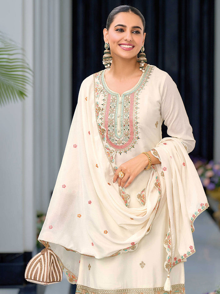 Embroidered Chinon Kurta With Plazzo &amp; Dupatta