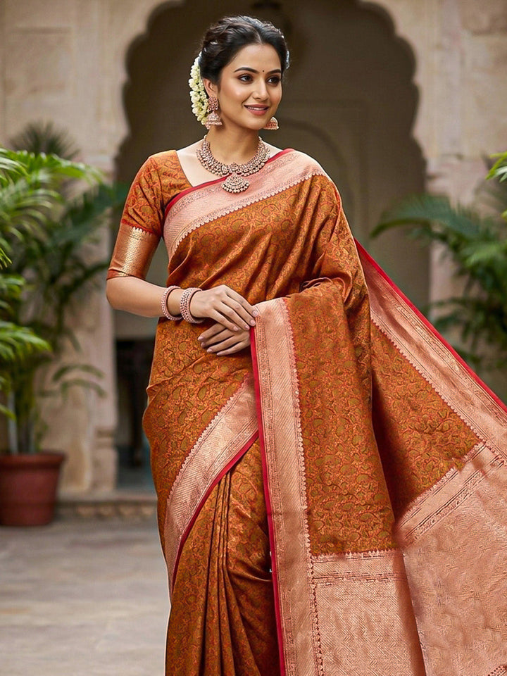 Rust Woven Design Satan Resham Banarasi Saree