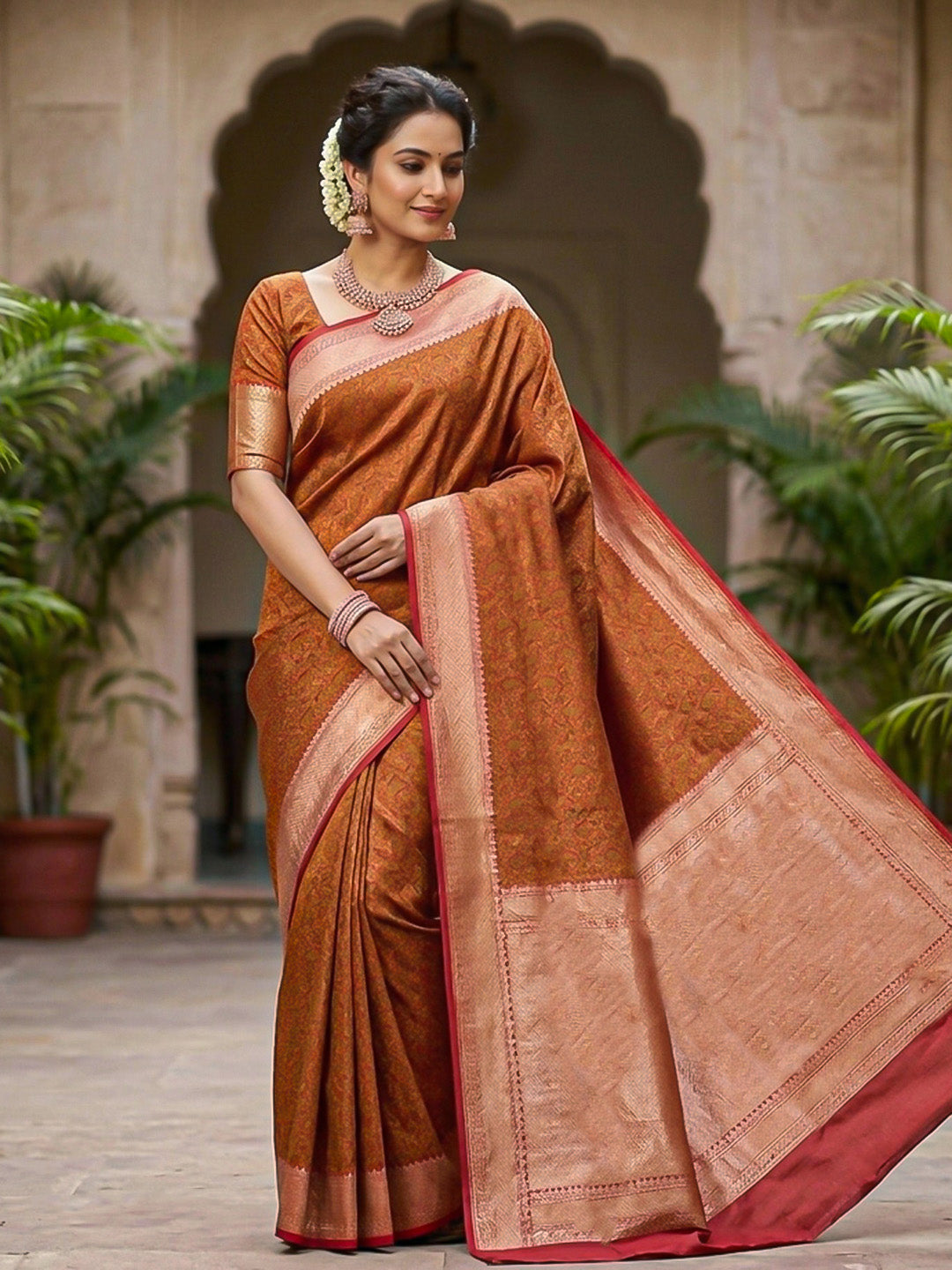 Rust Woven Design Satan Resham Banarasi Saree