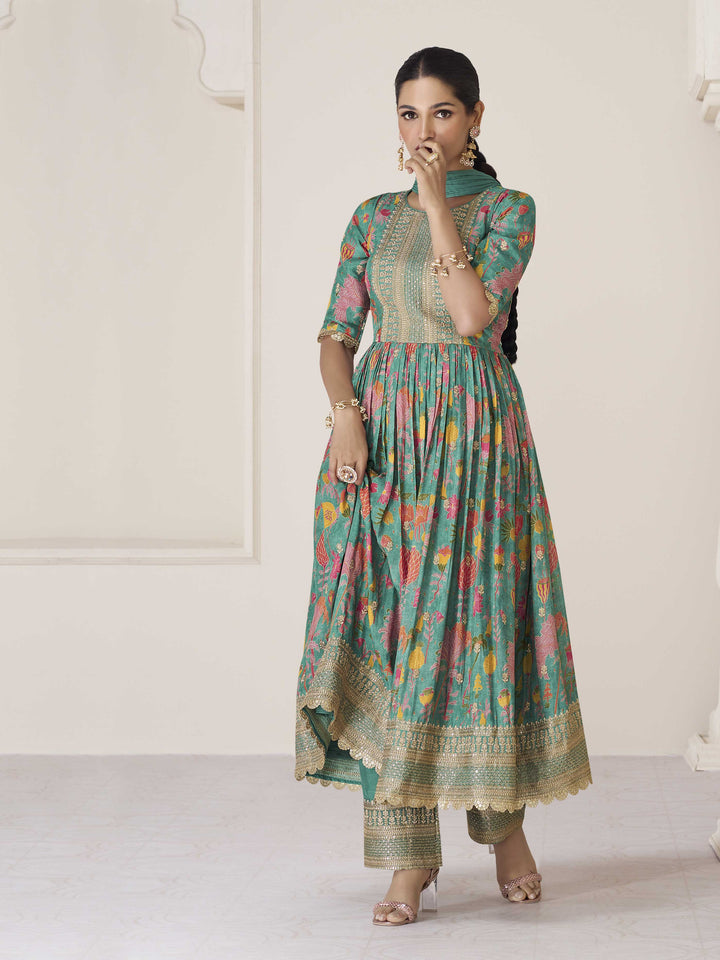 Floral Printed Organza Suit Set With Dupatta &amp; Churidar