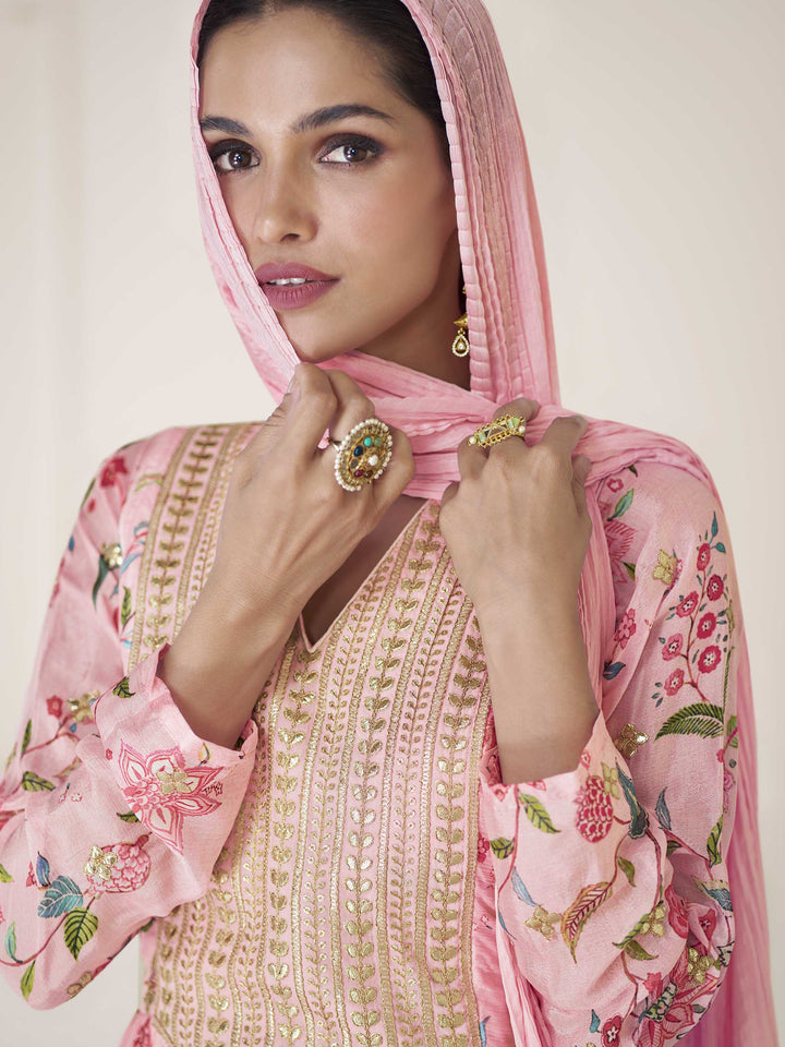 Floral Printed Organza Suit Set With Dupatta &amp; Churidar