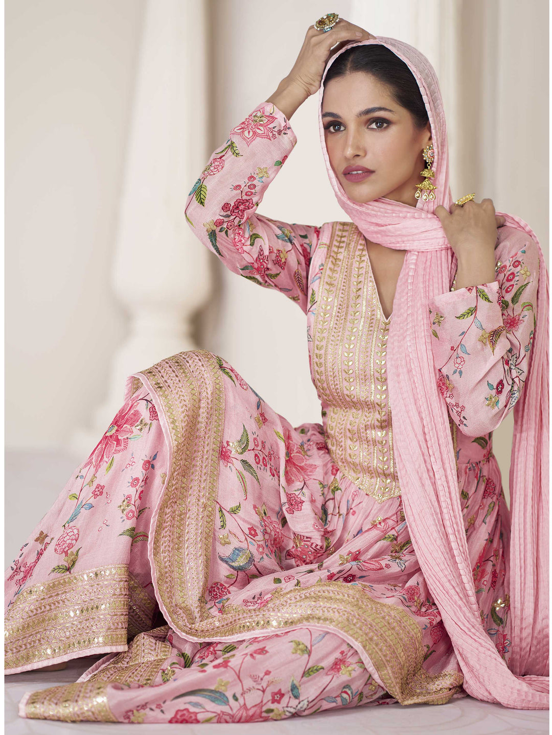 Floral Printed Organza Suit Set With Dupatta &amp; Churidar