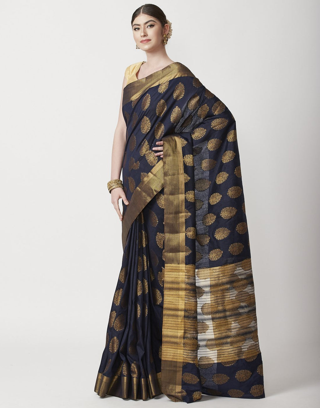 MBZ Meena Bazaar-Navy Blue Art Handloom Woven Saree
