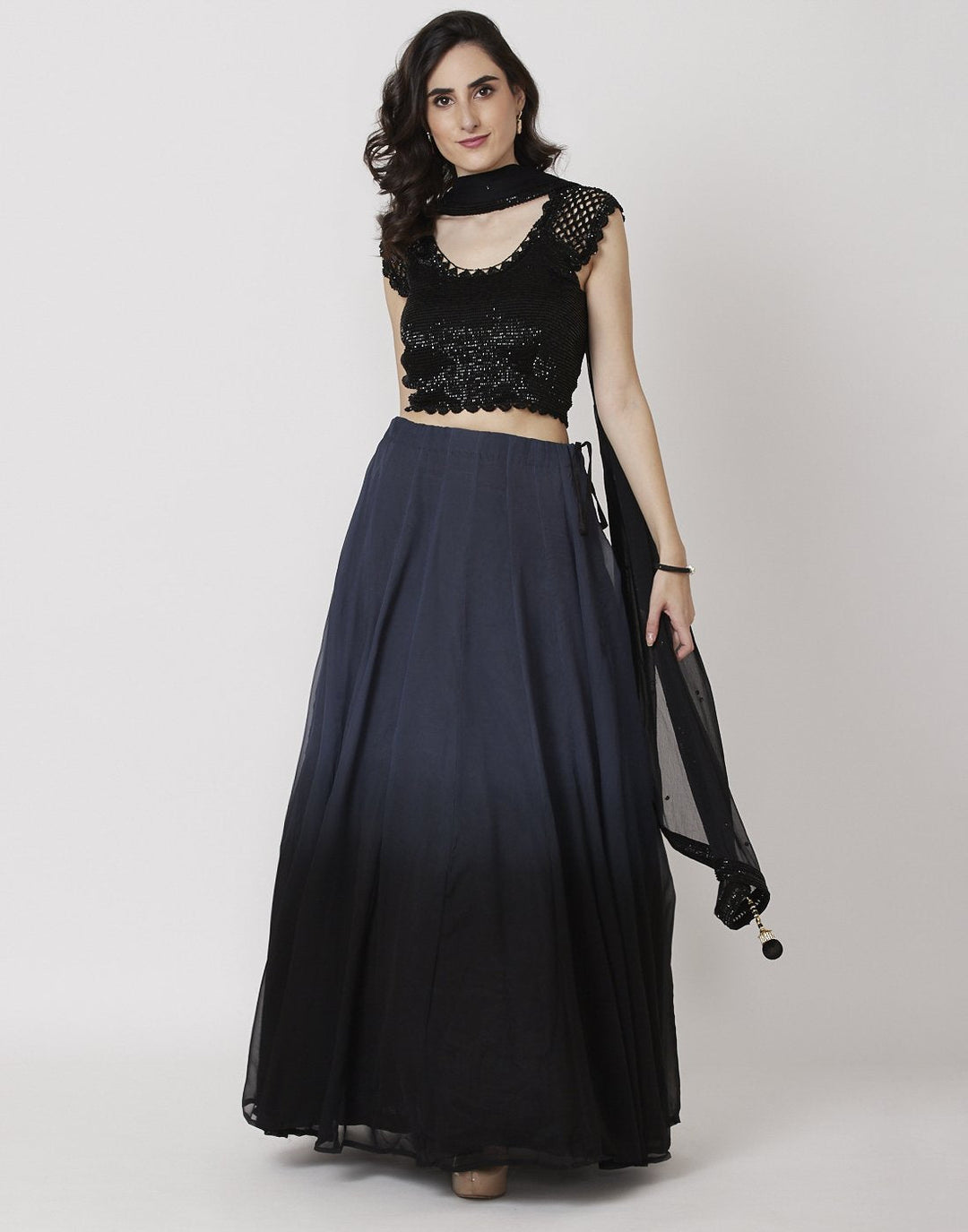 MBZ Meena Bazaar-Black Grey Georgette Lehenga