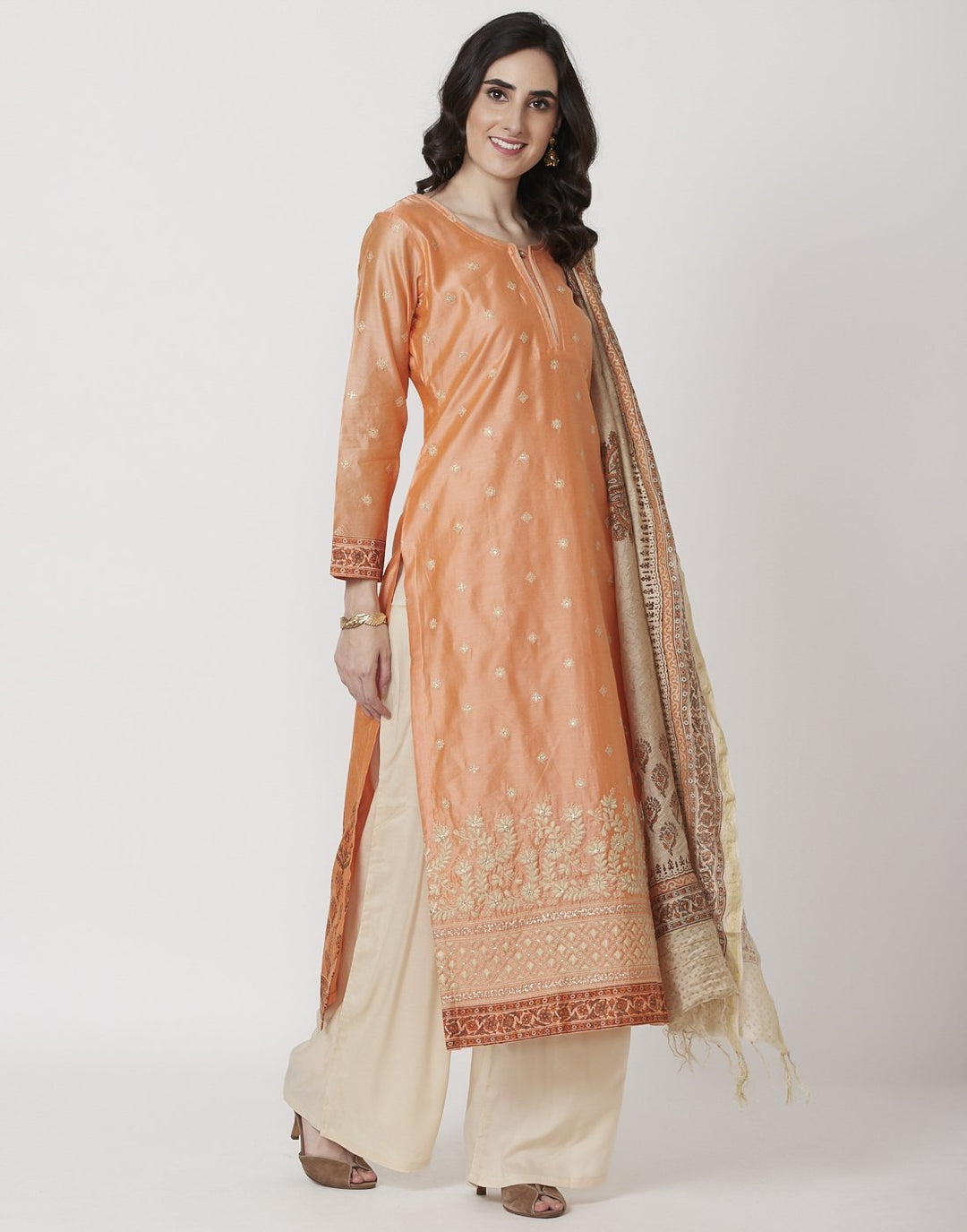 MBZ Meena Bazaar-Peach Beige Cotton Chanderi Salwar Kameez