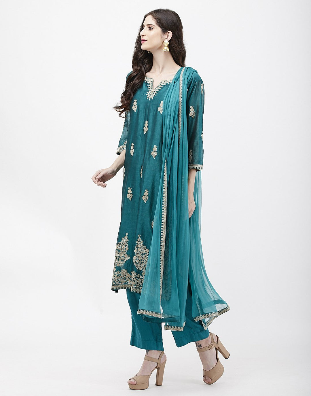 MBZ Meena Bazaar-Green Cotton Chanderi Salwar Kameez
