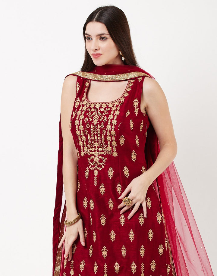 MBZ Meena Bazaar-Maroon Dupion Handloom Salwar Kameez