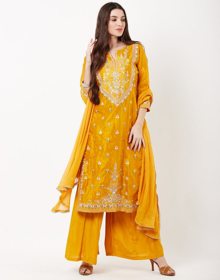 MBZ Meena Bazaar-Mustard Cotton Chanderi Salwar Kameez