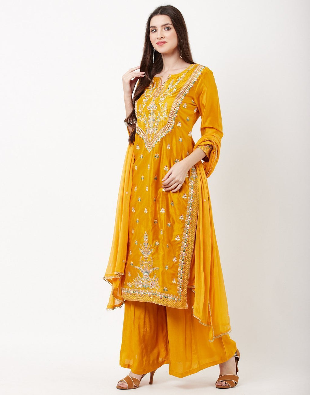 MBZ Meena Bazaar-Mustard Cotton Chanderi Salwar Kameez