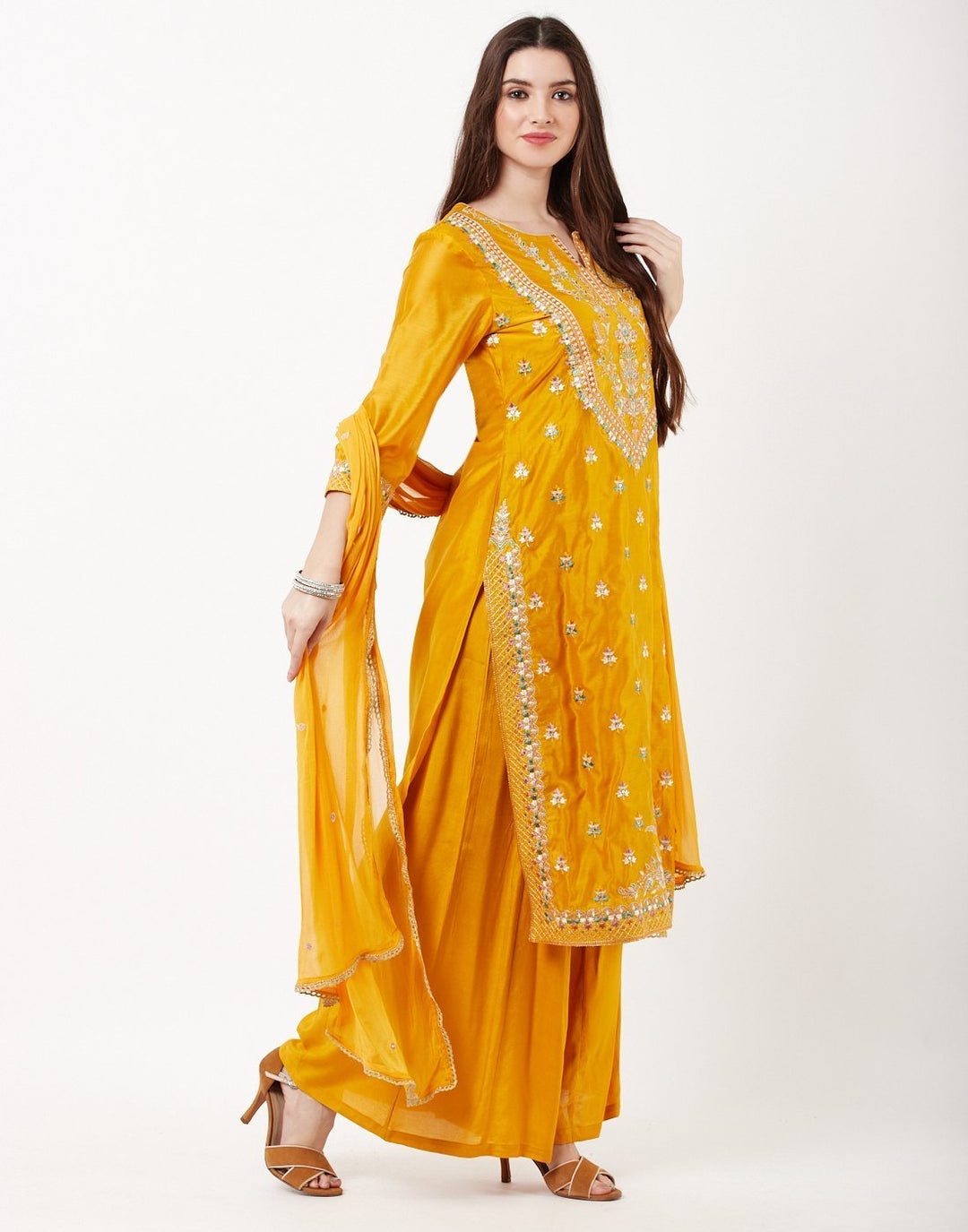 MBZ Meena Bazaar-Mustard Cotton Chanderi Salwar Kameez