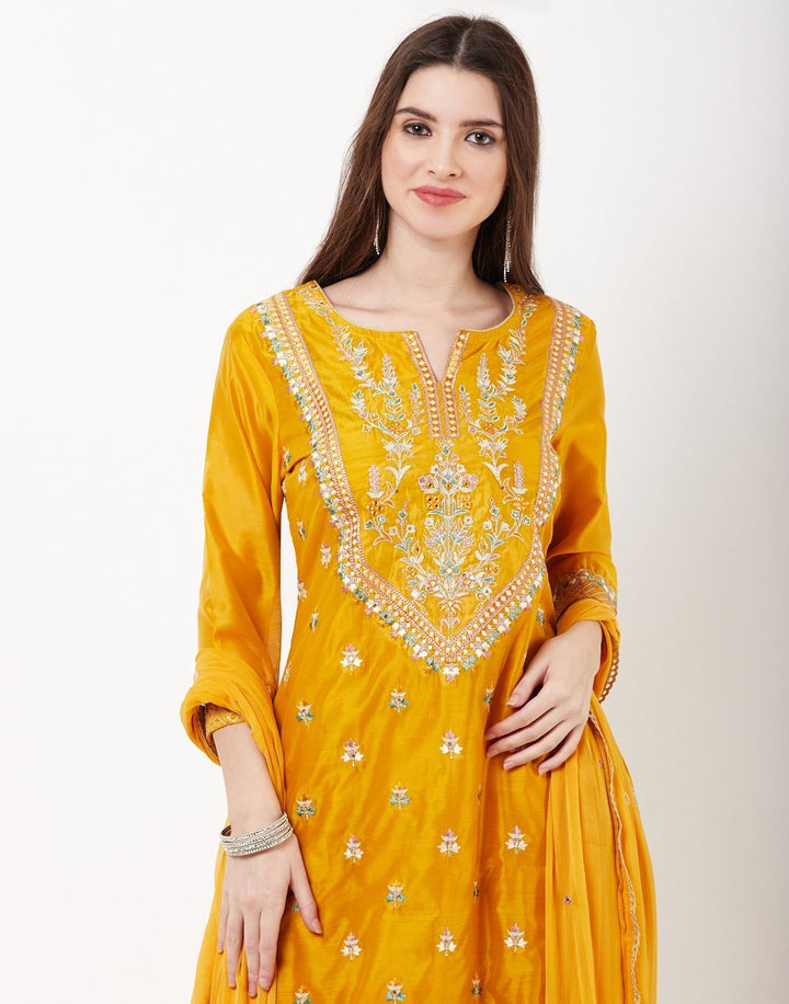 MBZ Meena Bazaar-Mustard Cotton Chanderi Salwar Kameez