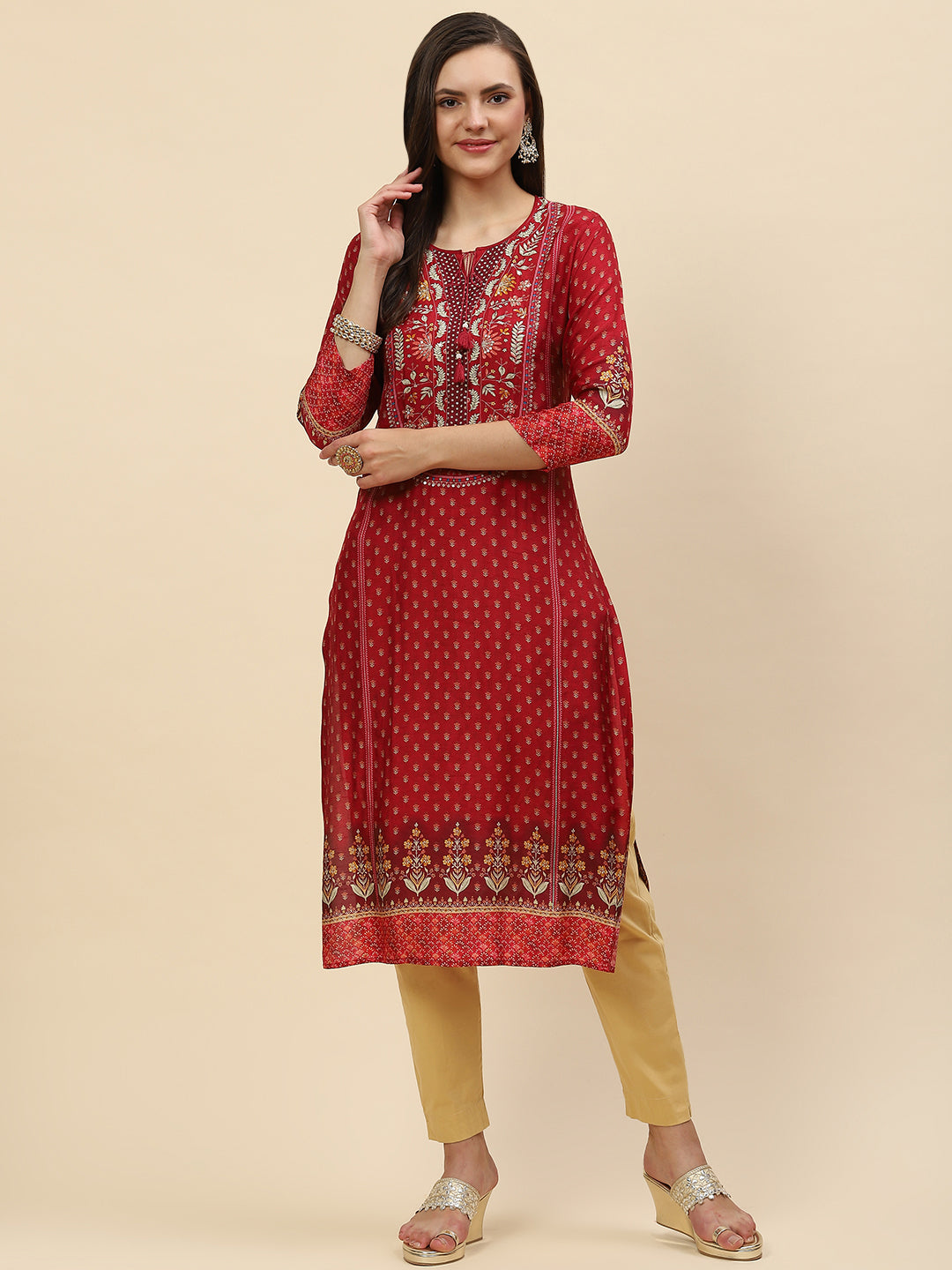 Neck Embroidered &amp; Printed Handloom Kurta