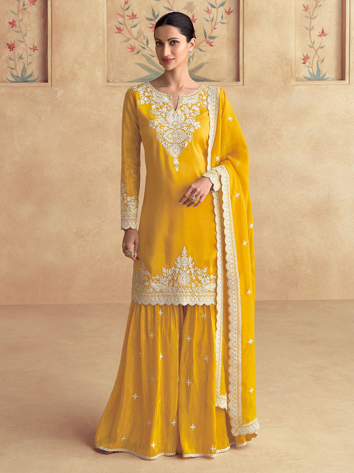 Embroidered Shimmer Silk Kurta With Plazzo &amp; Dupatta