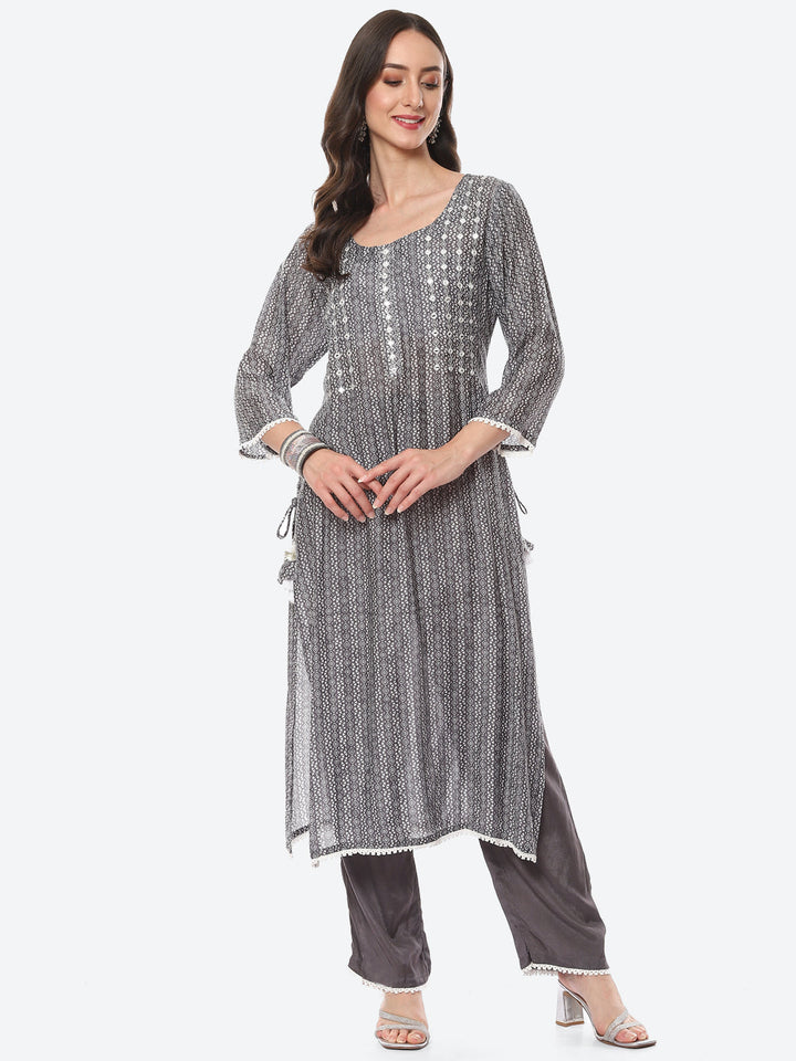 Mirror Neck Embroidered Printed Muslin Kurta With Palazzo