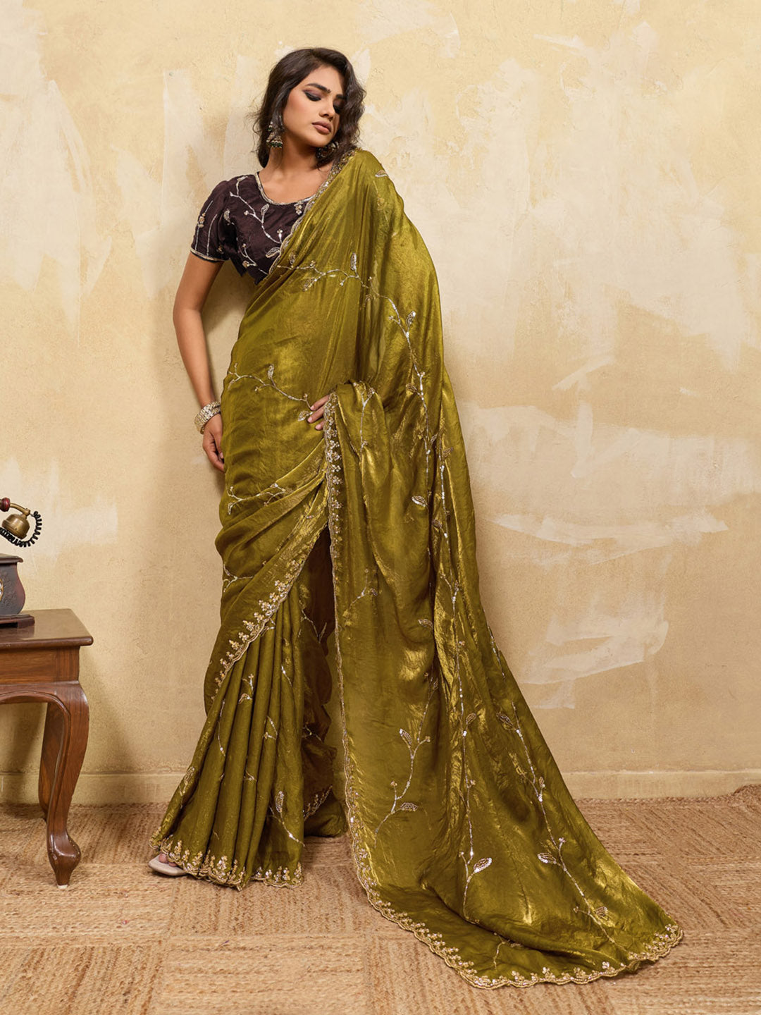 Embroidered Satin Velvet Saree