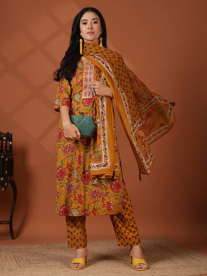 Printed Cotton Blend Kurta With Pant &amp; Dupatta