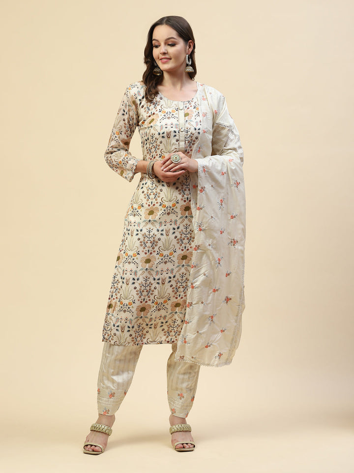 Floral Printed Cotton Kurta With Pants &amp; Cotton Dupatta