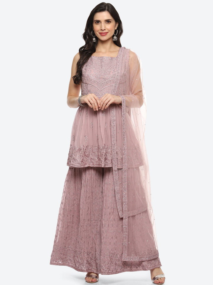 Resham Embroidered Georgette Kurti With Garara &amp; Net Dupatta