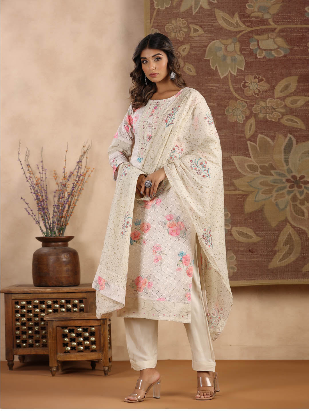 Printed Cotton Kurta With Pants &amp; Dupatta