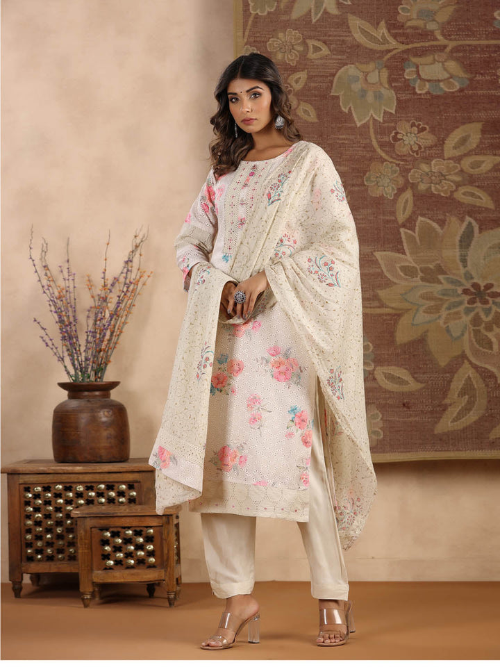 Printed Cotton Kurta With Pants &amp; Dupatta