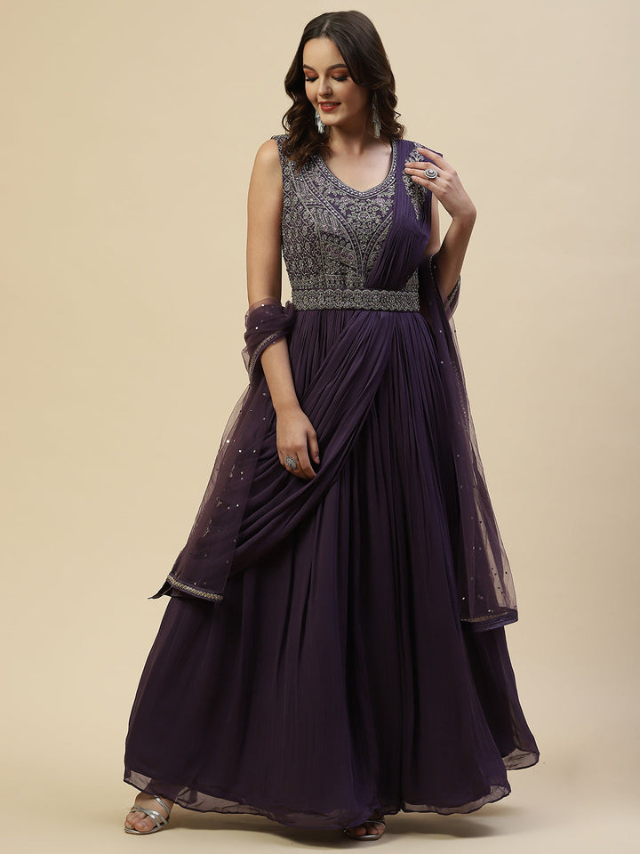 Resham Sequin Embroidered Georgette Kurta With Churidar &amp; Dupatta