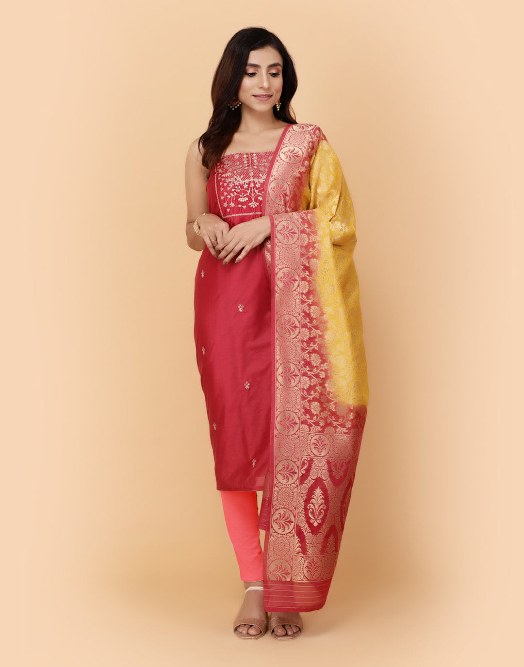 Embroidered Art Handloom Dupion Suit Piece With Banarasi Dupatta