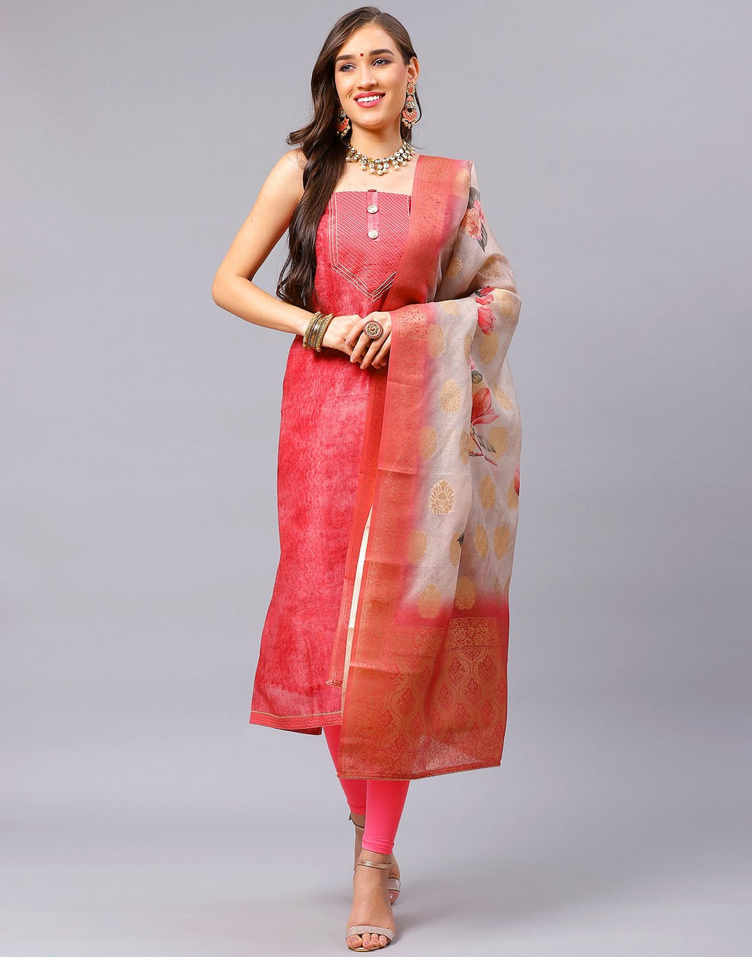 Chanderi Printed Suit Piece with fancy dupatta