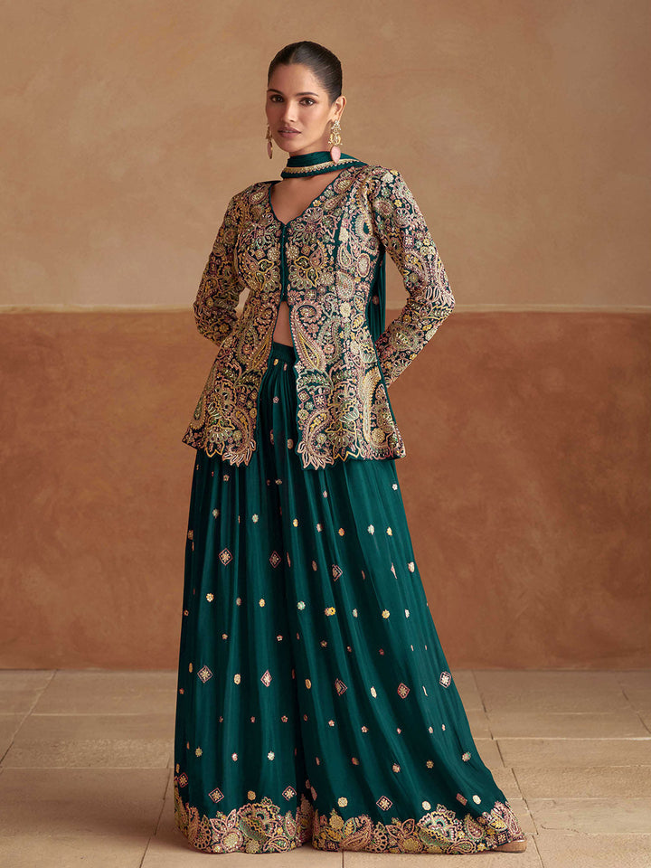Embroidered Chinon Kurti With Gharara &amp; Dupatta