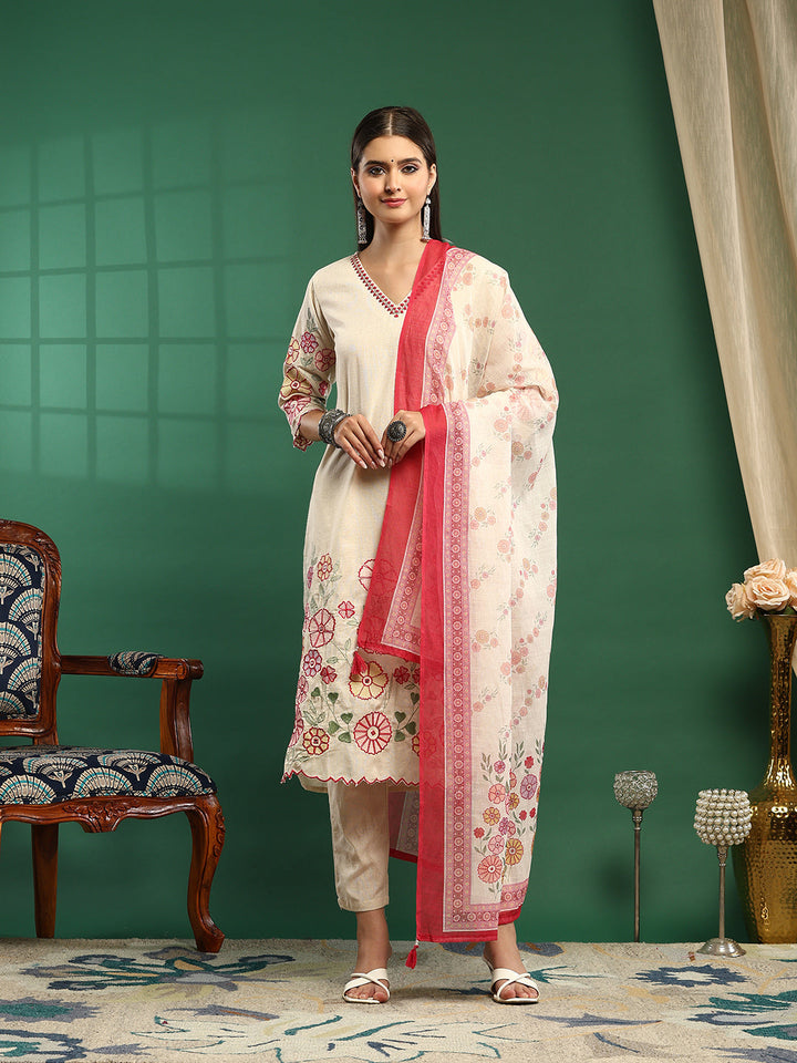 Embroidered Cotton Blend Kurta With Pant &amp; Dupatta