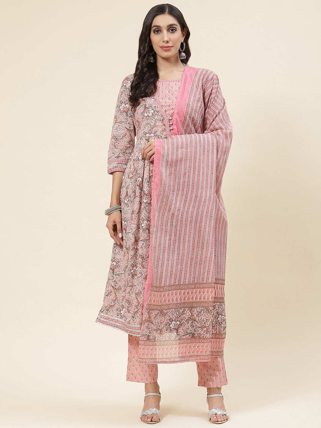 Floral Printed Cotton Kurta With Pants &amp; Dupatta