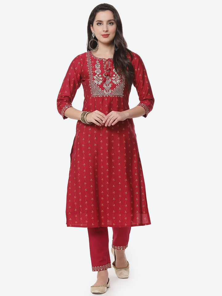 Embroidered Printed Cotton Kurta With Pant