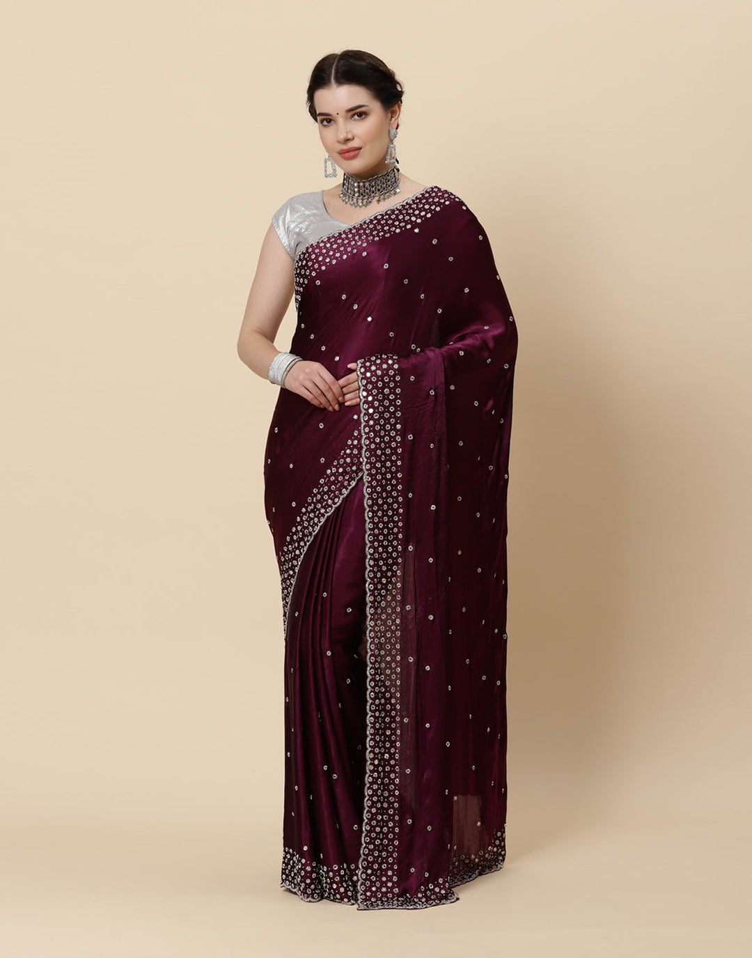 Stone Booti Pure Satin Embroided Saree