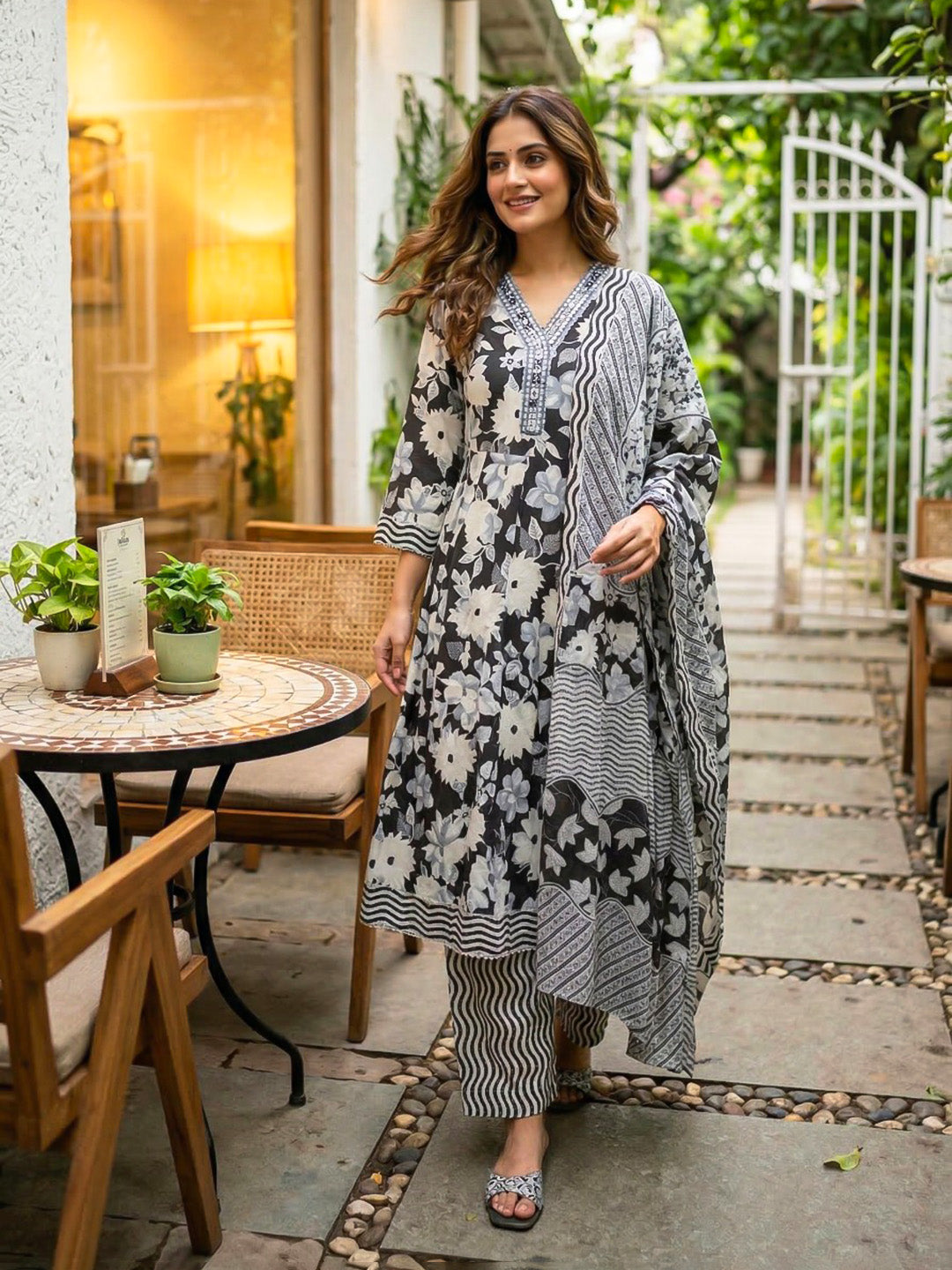 Black Printed Cotton Blend Straight Suit Set With Dupatta