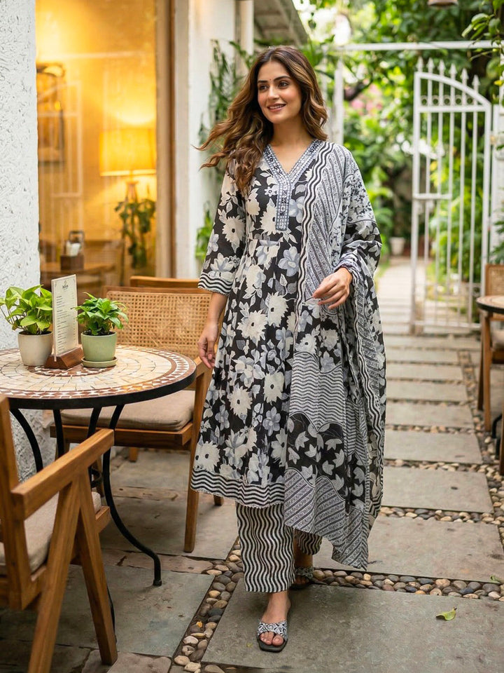 Black Printed Cotton Blend Straight Suit Set With Dupatta