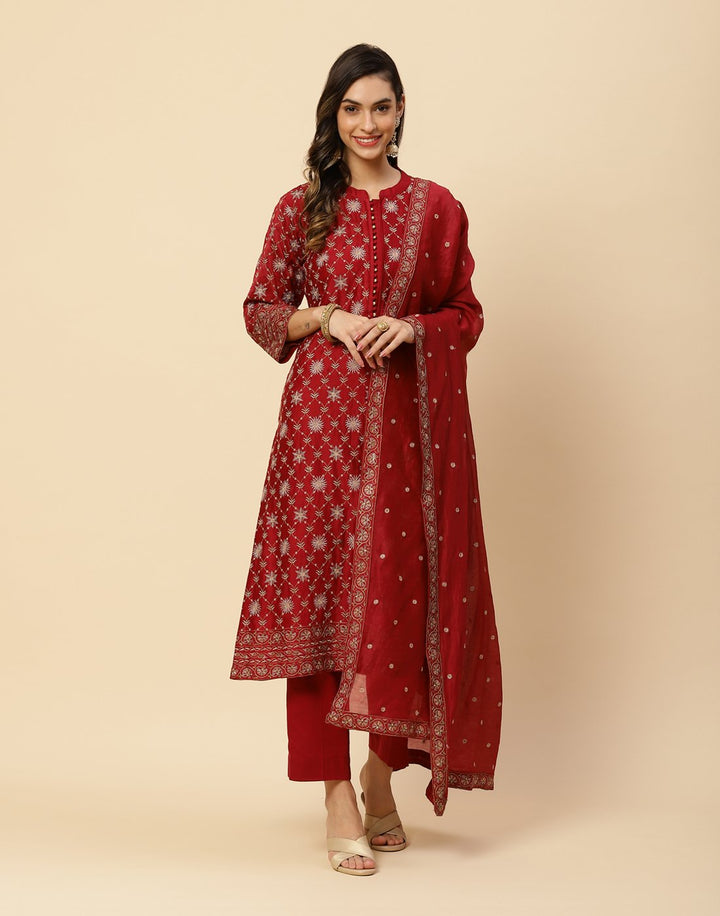 Resham Jaal Embroidered Cotton Chanderi Salwar Kameez Stitched Suit With Chanderi Dupatta