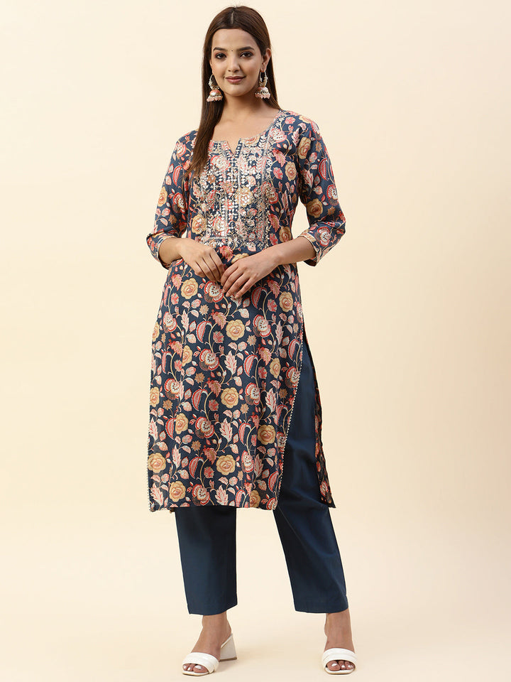 Printed &amp; Neck Embroidered Muslin Kurta With Pants