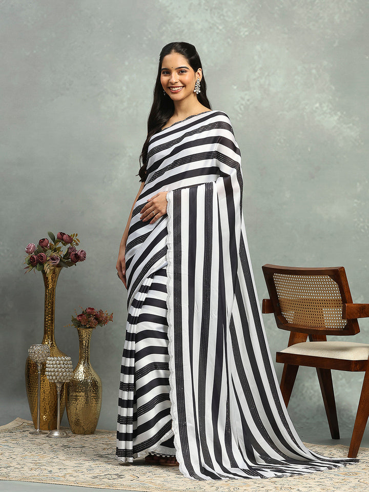 Stripes Printed &amp; Embellished Satin Saree