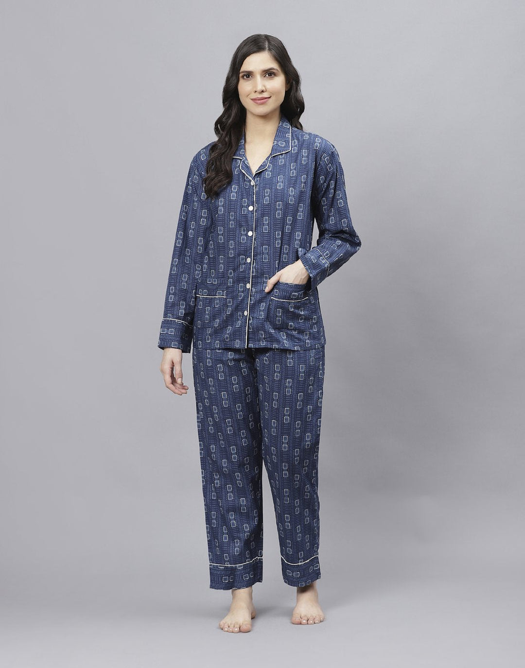Navy Blue Cotton Printed Comfort Wear