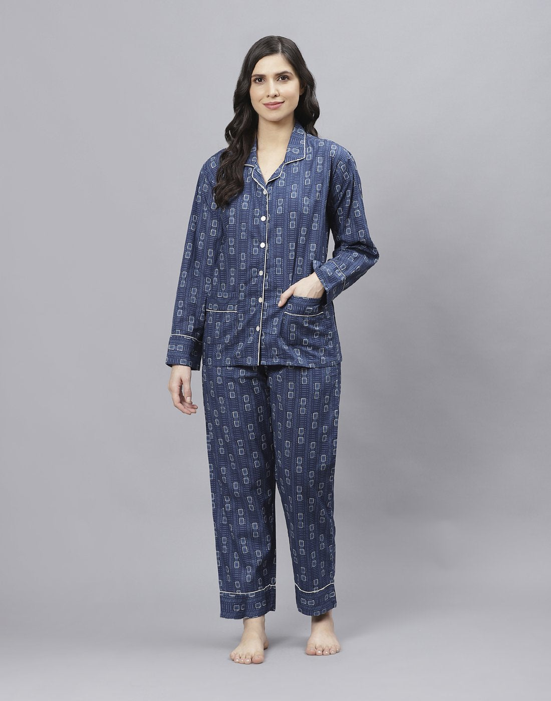 Navy Blue Cotton Printed Comfort Wear