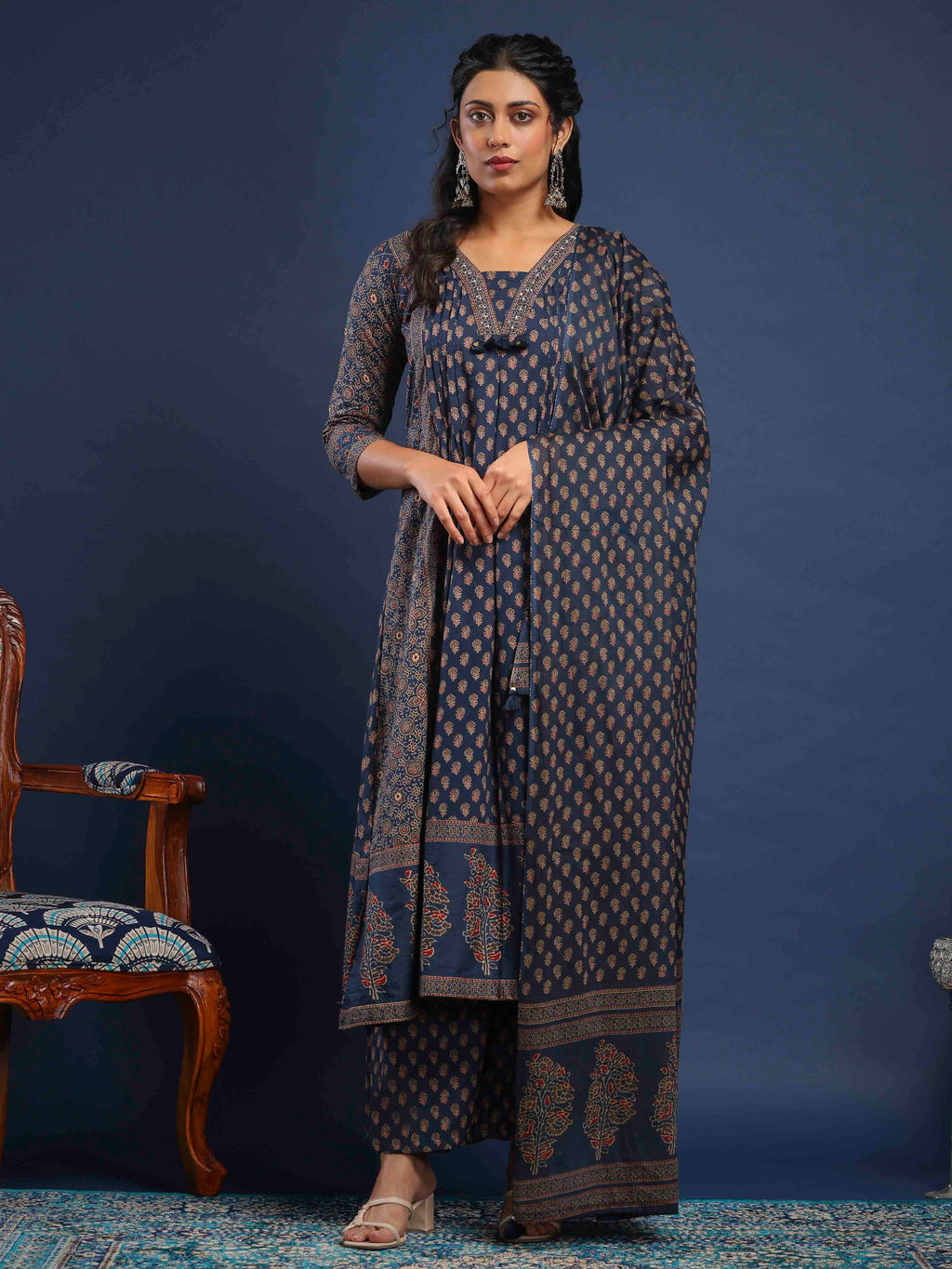 Blue Cotton Blend Printed Straight Suit Set